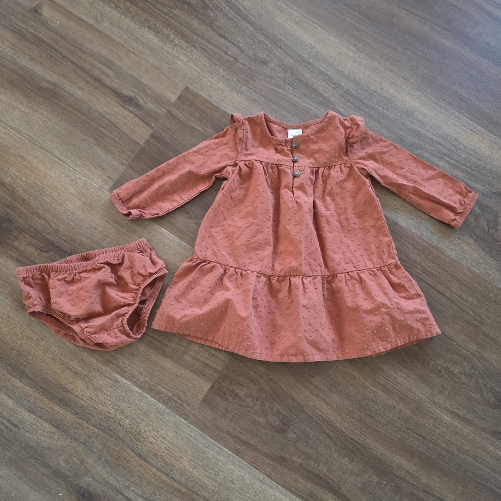 Rust Orange Colored Fall Baby Girl Dress with Matching Bloomers  SIZE: 9 Months
